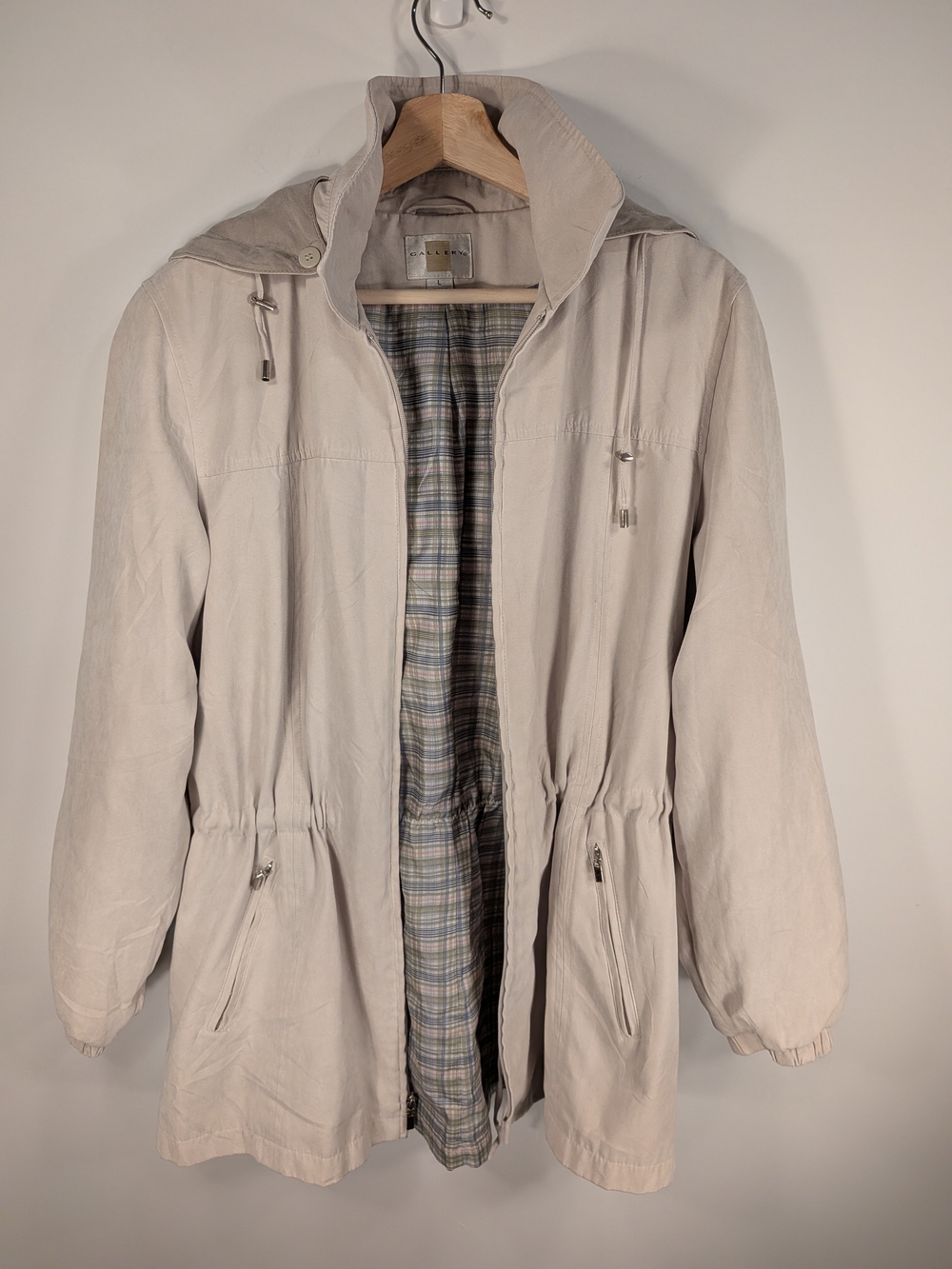 Women's Stone Utility Jacket L Drawstring Hood Plaid Lined